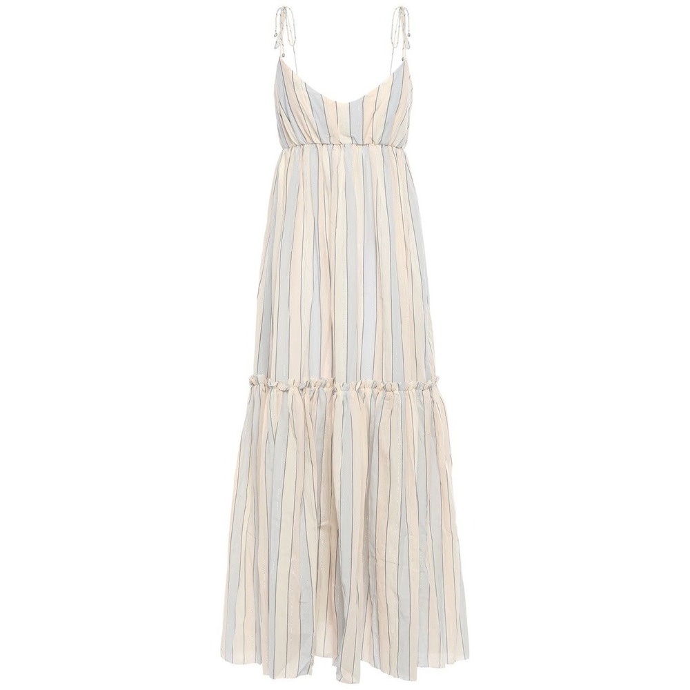 ZIMMERMANN Tiered Maxi Dress Cotton Tie Strap Natural Blue Metallic Stripe S - Picture 2 of 16
